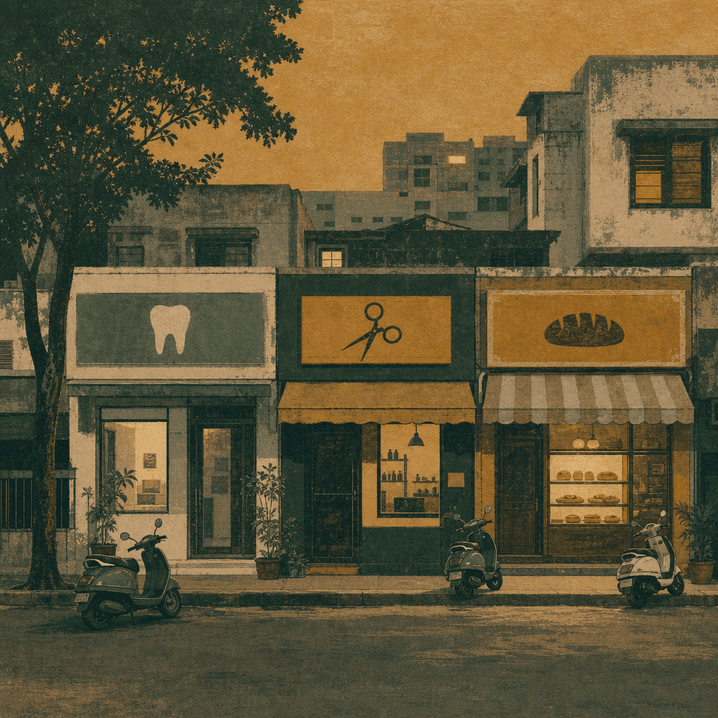 A row of small shopfronts on a Pune high street at dusk: a dental clinic, a salon and a bakery, with scooters parked outside.